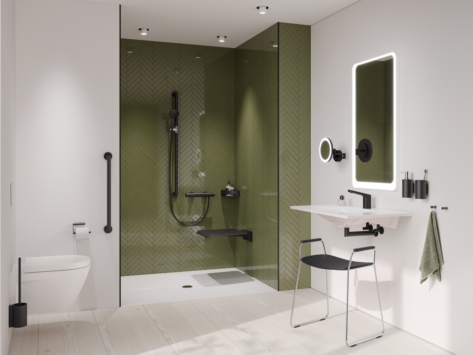 HEWI barrierefreies Bad Serie 900 Schwarz matt Barrierefreies Bad mit Waschplatz, Duschbereich und WC