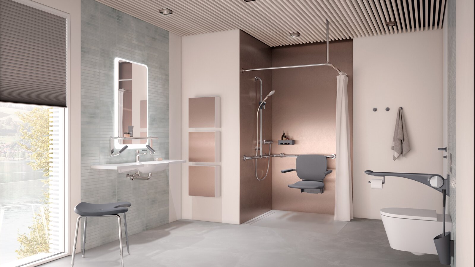 Barrierefreies Pflegebad HEWI Liftsystem Anthrazit matt Barrierefreies Pflegebad mit Waschplatz, Duschbereich und WC
