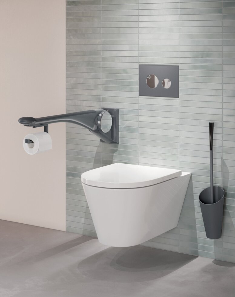 HEWI LifeSystem folding support handle anthracite matt WC equipped with folding support handle and toilet brush in the color anthracite matt
