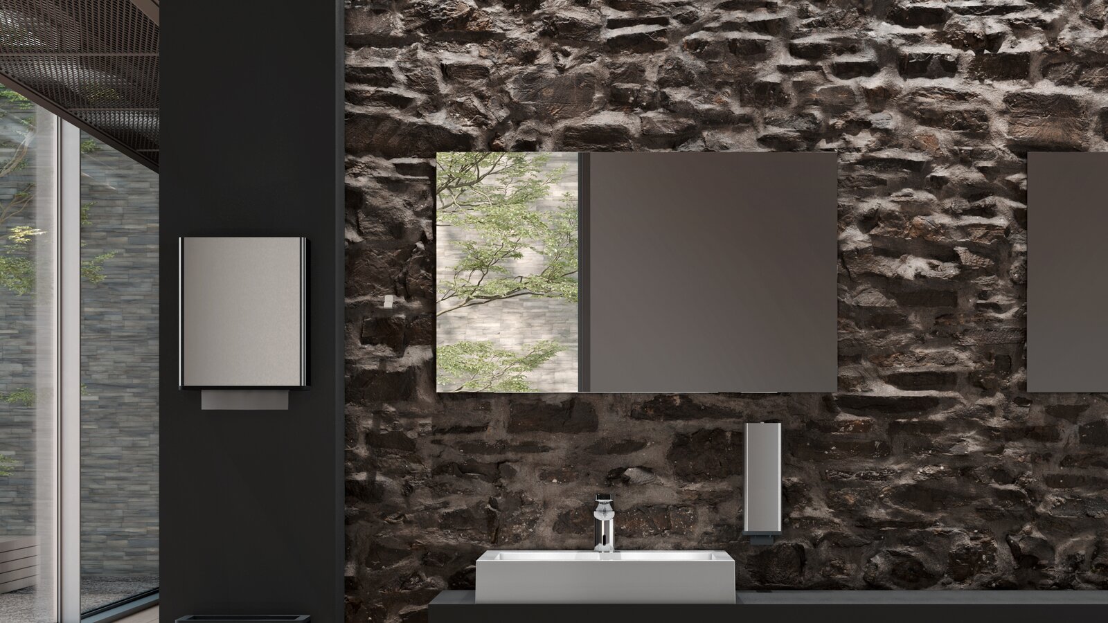 Poste de toilette public équipé d'une robinetterie manuelle, d'un distributeur de savon et de serviettes en papier de HEWI Produits de distribution manuelle