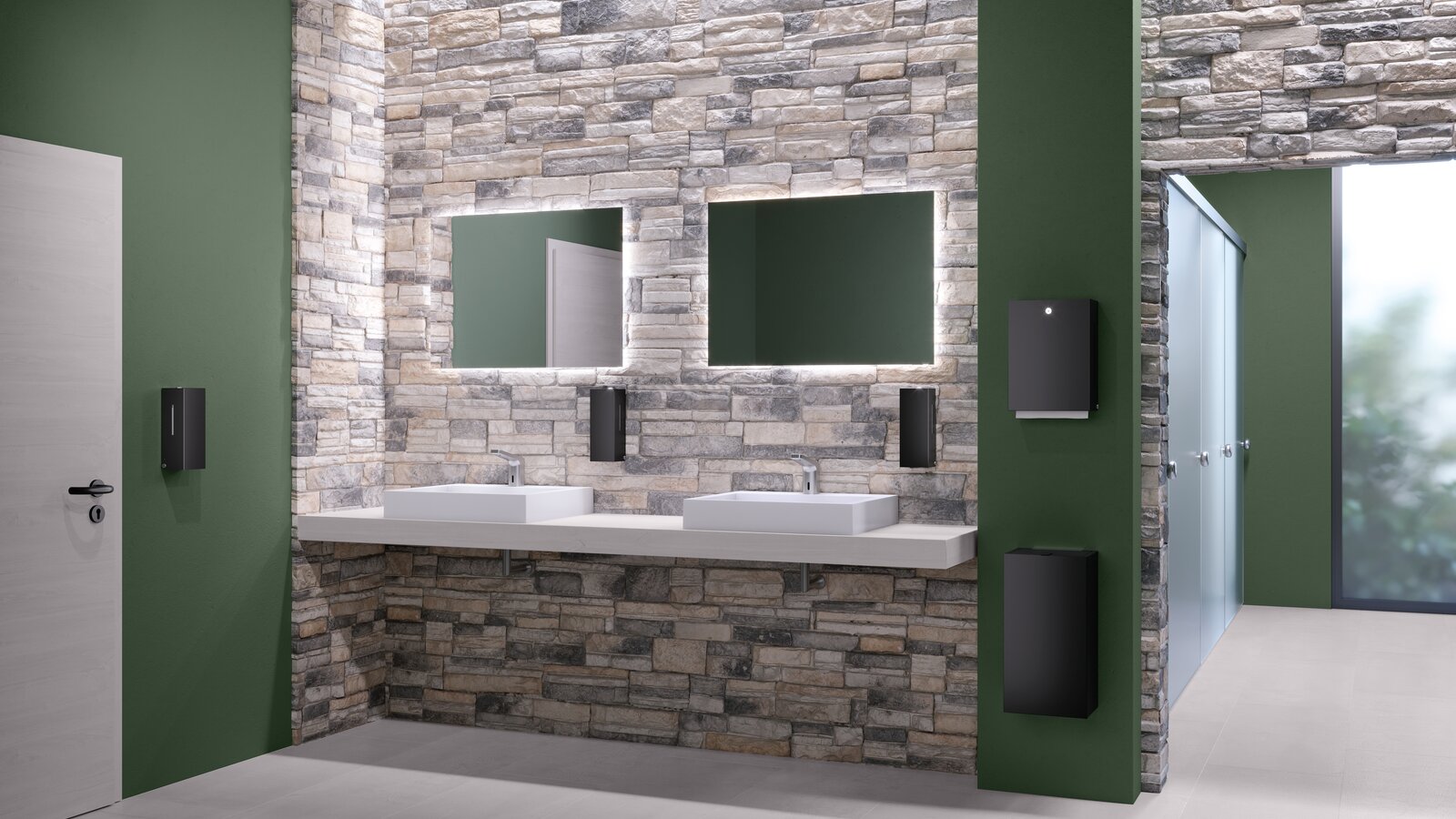 WC publics équipés de distributeurs de savon, de désinfectant et de serviettes en papier de couleur noire mate