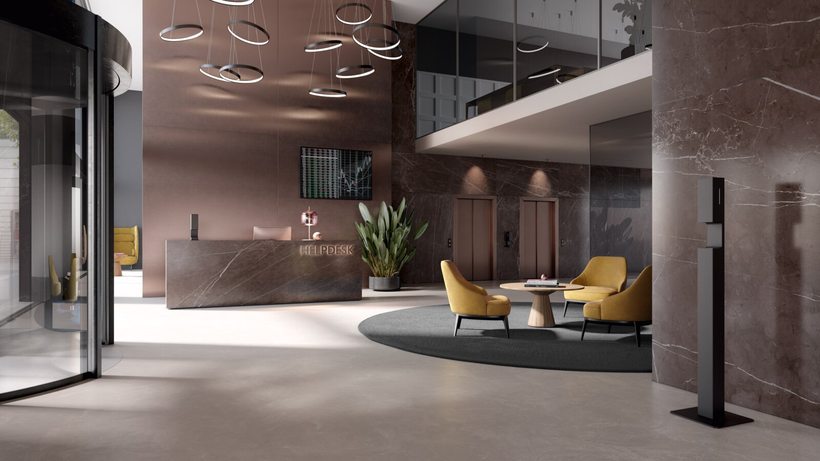 Zone d'accueil moderne avec une colonne de distribution de désinfectant en acier inoxydable de couleur noire mate